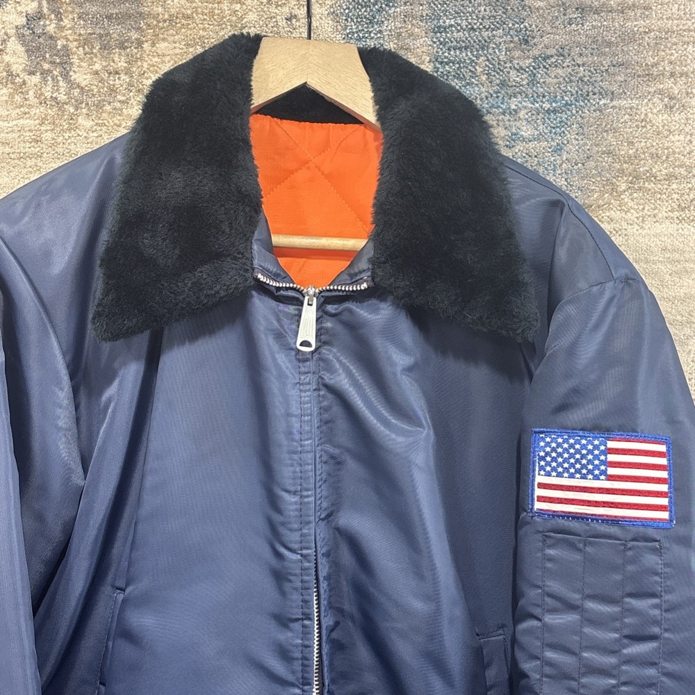 Vintage 1970s USA Satin Bomber Jacket Men's L XL Navy Flag Faux Fur Orange